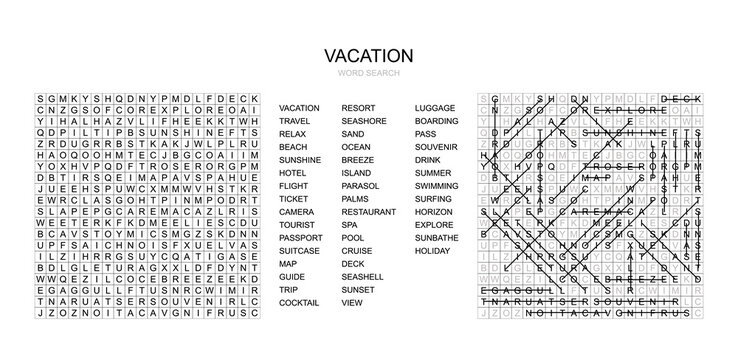 Printable vacation themed word search puzzle featuring travel related words and an abstract maze game on a clean white background. Educational activity sheet for kids, leisure, learning, and