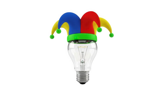 A bright light bulb wearing a colorful jester hat for creative ideas isolated on transparent background