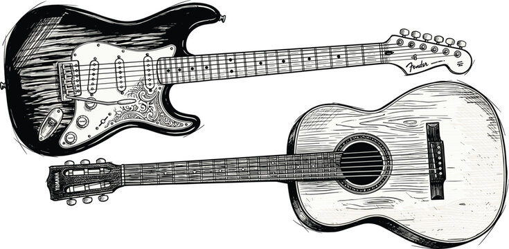 Electric and acoustic guitars engraving style illustration with detailed musical instruments monochrome hand drawn vector artwork collection