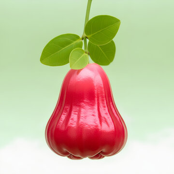 Vibrant red rose apple fruit with green leaves on a light background.
