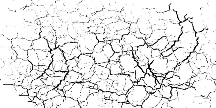 Surface cracks and fissures in ground, concrete, crevices from disaster top view. Breaks on land surface from earthquake isolated on white background. Broken ground, wall, glass pattern effect. Damage