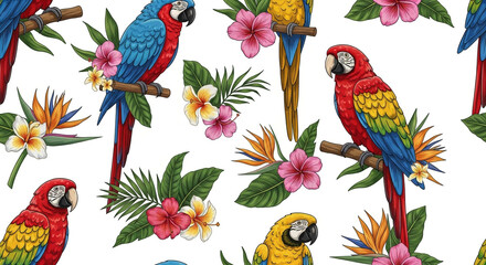 Fototapeta premium Vibrant tropical parrots perched on exotic flowers in stylized macaw parakeet