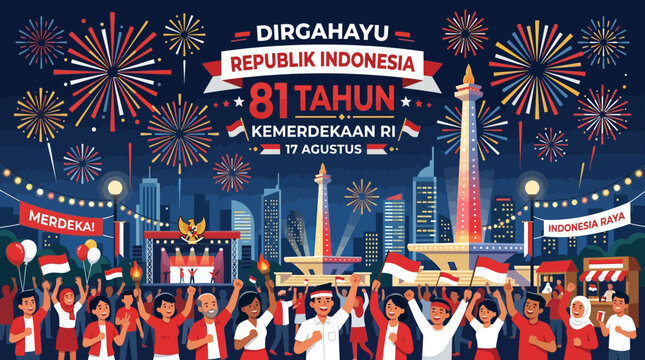 Celebrating 81 Years of Indonesian Independence A Joyful National Holiday Display with Fireworks and Crowds