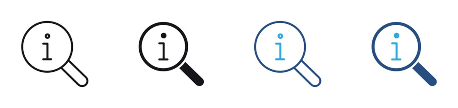 Information Search icon set. magnifying glass with information symbol icons. help center and knowledge discovery concept. vector illustration.