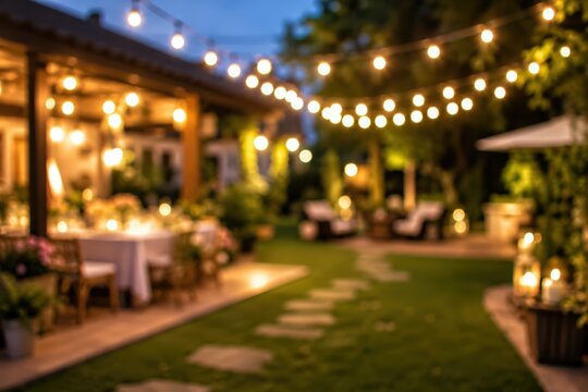 Outdoor garden patio night party string lights blurred bokeh background dining table luxury backyard wedding event atmosphere evening celebration