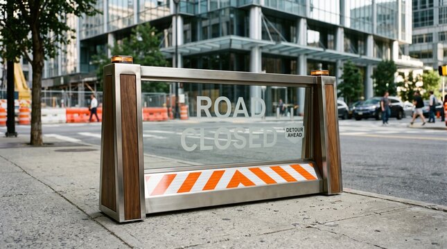 Modern road closed barrier with wooden frame on city sidewalk construction temporary restriction sidewalk building
