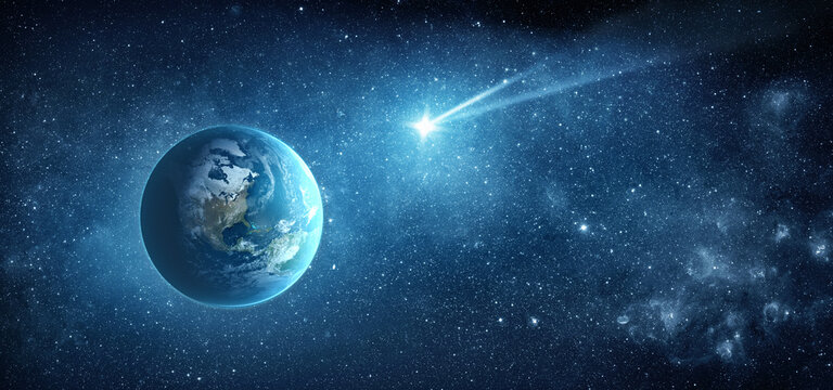 Comet, asteroid, meteorite flying to the planet Earth on  starry night sky. Glowing asteroid and tail of a falling comet threatening the safety of the Earth. Elements of this image furnished by NASA.