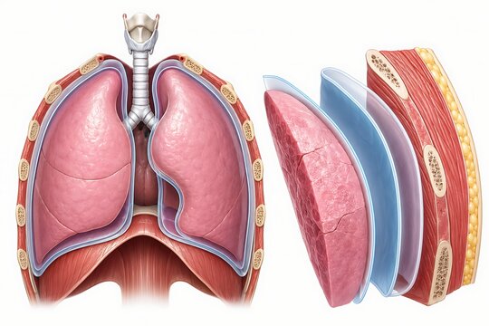 Human respiratory system anatomy illustration showing lungs, pleural layers, rib cage, and diaphragm on a white background.