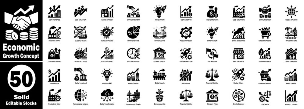 Economic growth solid icons set for business prosperity and expansion.