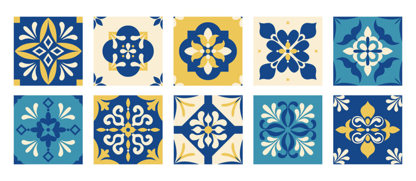 Mediterranean style tiles. Geometric floral pattern. Blue, yellow, white mosaic. Mediterranean aesthetic. Italian, Portuguese, Moroccan coastal living. Interior design, textiles, wallpaper. Background