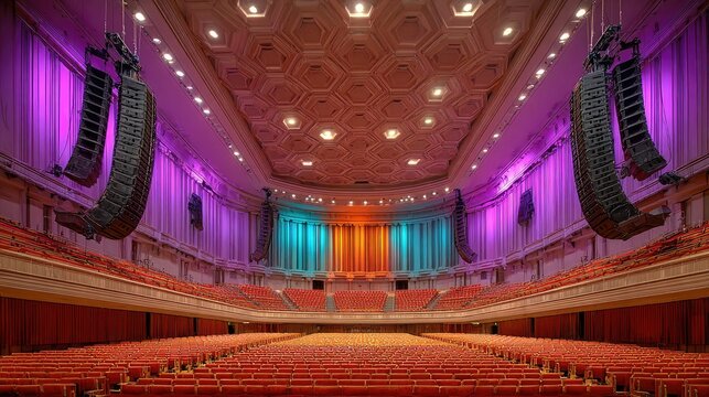 Elegant concert hall interior with vibrant lighting and spacious seating arranged in a symmetrical layout for live events