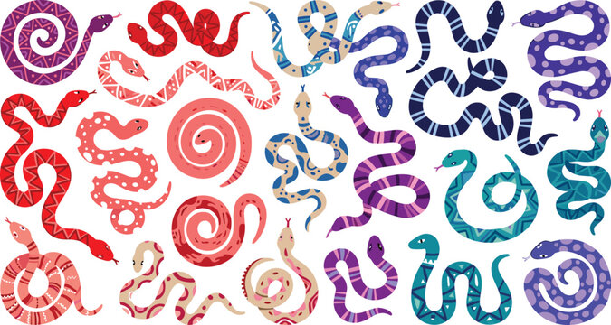 Colorful decorative snake vector collection featuring ornate reptile characters with tribal patterns bohemian textures and coiled serpent designs for Chinese New Year festival illustrations.