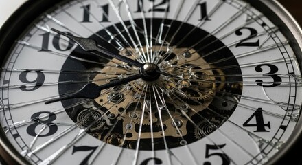 Obraz premium Broken Clock Face with Visible Gears and Shattered Glass, Time Concept.