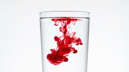 Obraz premium Red ink swirling and diffusing in clear water inside a transparent glass against a white background.