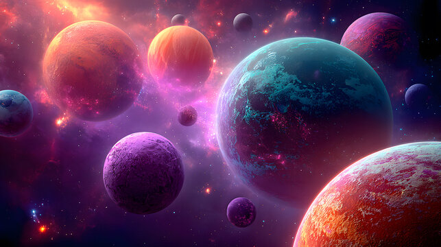 Colorful planets floating in space with cosmic nebula background