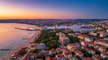 Fototapeta premium Aerial view of Varna city and the Black Sea coast at sunset.