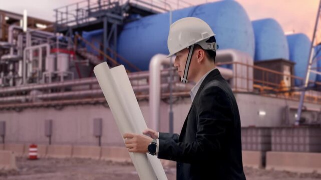 Side View of Asian Male Engineer Walking at Plant with Gas Storage Tanks and Complex Pipeline System at Sunset