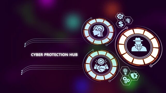 Cyber protection hub: digital security and data privacy infographic interface