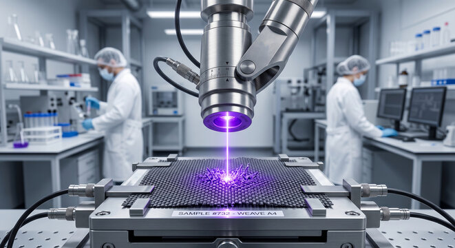 Advanced laser microscope technology scanning material sample in research laboratory.