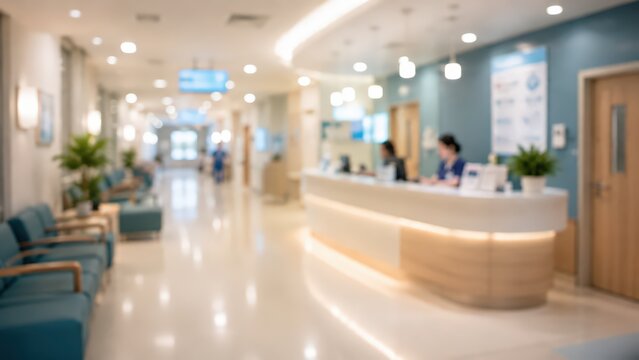 Blurred hospital lobby reception area medical clinic waiting room healthcare facility background interior doctor office hall nurses station