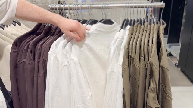 Clothes store in shopping mall.Blurred store aisle with hanging clothing racks