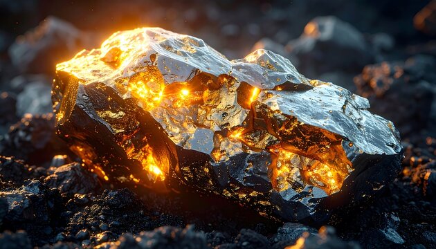 Glowing Metallic Ore Rocks Resting on Dark Volcanic Ground