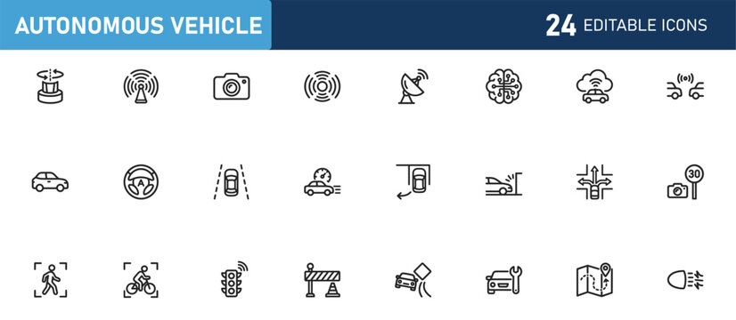 Editable liner icons set for autonomous vehicle. vector illustration