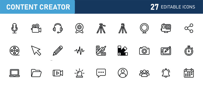 Editable liner icons set for content creators. vector illustration