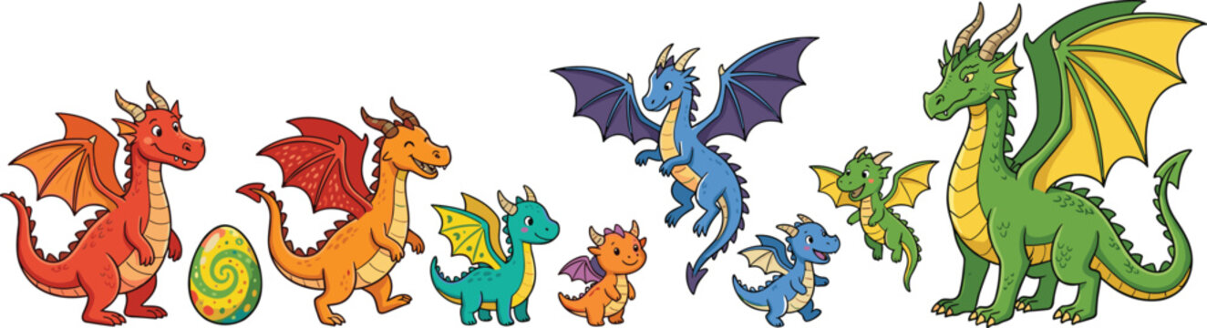 Cute cartoon dragon family character collection featuring colorful fantasy creatures mythical monsters baby dragons flying beasts and a patterned egg vectors for kids design.