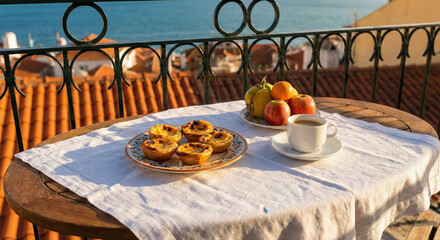 Obraz premium Traditional Portuguese Pastel de Nata Custard Tarts and Coffee on Lisbon Balcony