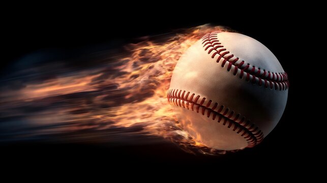 A dynamic image of a baseball flying through the air, surrounded by flames, capturing the intensity and speed of the game. Perfect for sports enthusiasts.