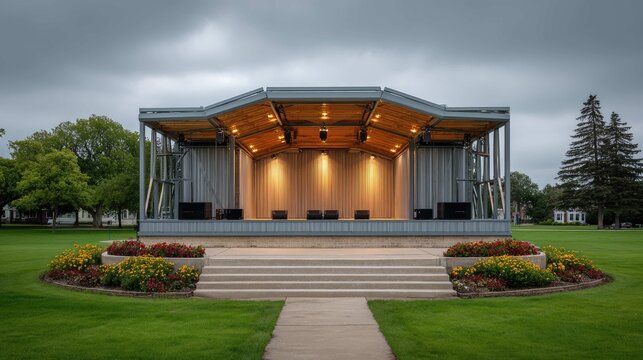 Modern Open-Air Amphitheater with Wooden Accents Surrounded by Lush Greenery and Colorful Flower Beds