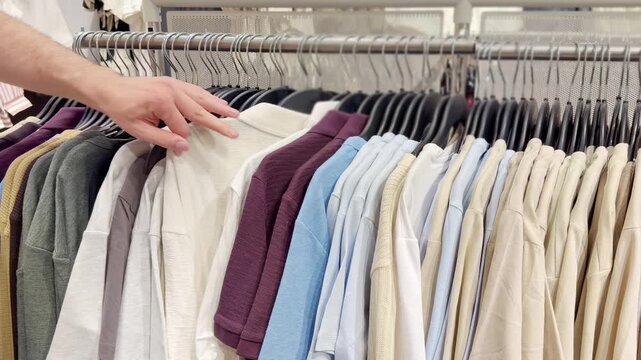 Clothes store in shopping mall.Blurred store aisle with hanging clothing racks
