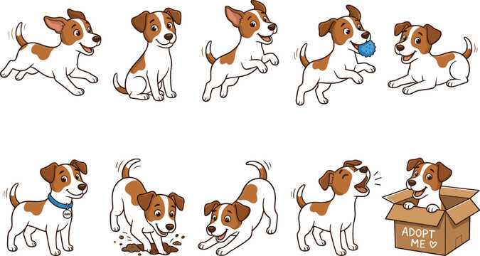 Cute cartoon Jack Russell Terrier puppy character collection featuring funny dog poses playing jumping digging barking and sitting inside adoption box vectors for kids stickers.