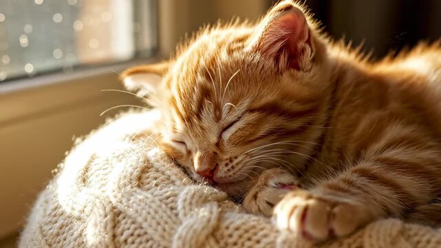 A vibrant ginger tabby kitten peacefully slumbers in the warm golden glow of sunlight filtering through a window, resting on a cozy knitted textile, embodying pure feline serenity and childhood
