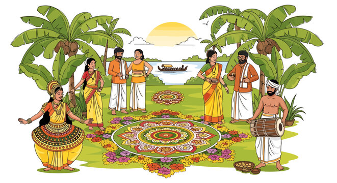Vibrant Onam Festival Celebration with Traditional Indian Dancers, Musicians, and Flower Pookalam Decor