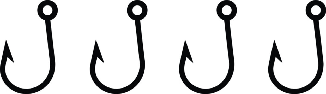 Fishing hook set, clean white background illustration featuring four different angling hooks for fishing sport branding and outdoor adventure design.