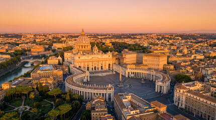 Obraz premium Aerial view of St. Peter's Basilica and Square in Vatican City at sunrise, Rome, Italy.