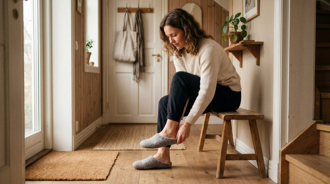 Woman putting on soft house slippers in a warm and peaceful home interior. Cozy lifestyle concept about comfort, relaxation and feeling safe at home.