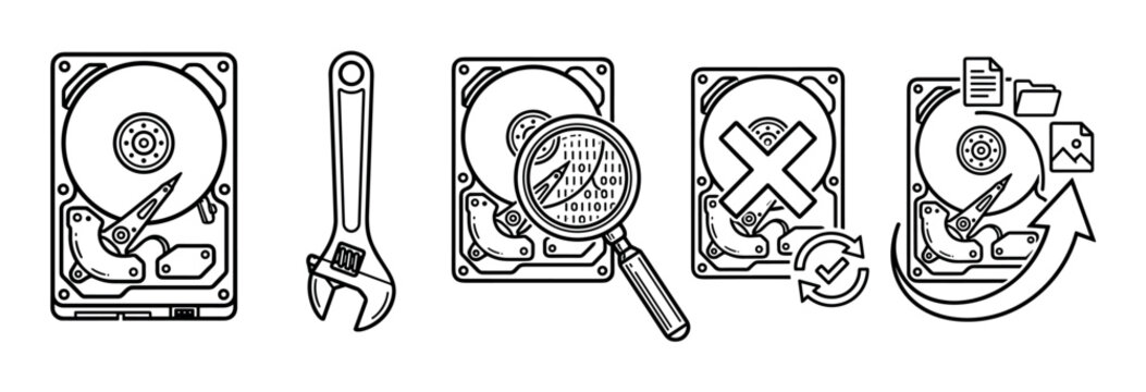 Hard drive data repair recovery analysis backup icons representing various aspects of digital storage maintenance and information management.