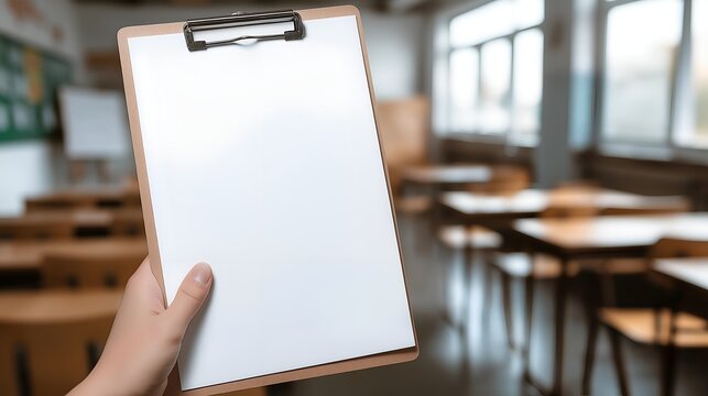 A hand holding a blank clipboard in an empty classroom, ideal for educational and business-related themes, symbolizing planning and organization.