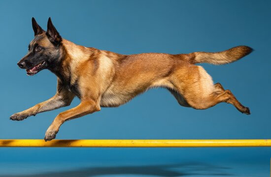 Belgian malinois dog with short fawn coat leaping over yellow training hurdle during agility training