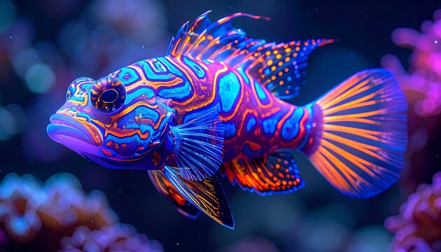 Vibrant Neon Tropical Fish Swimming in Dark Underwater Scene