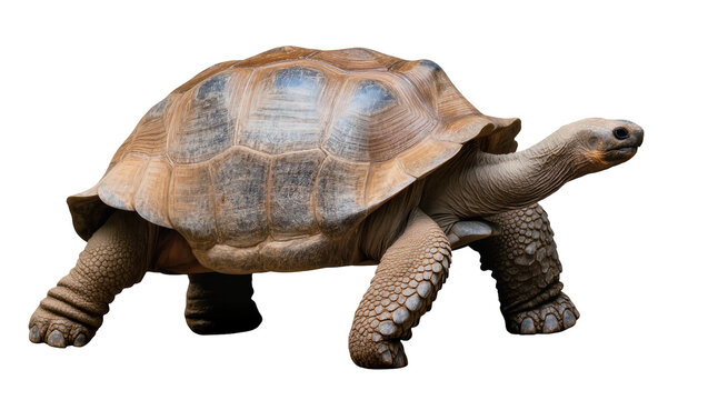 Giant tortoise with textured shell and scaly legs, isolated on transparent background