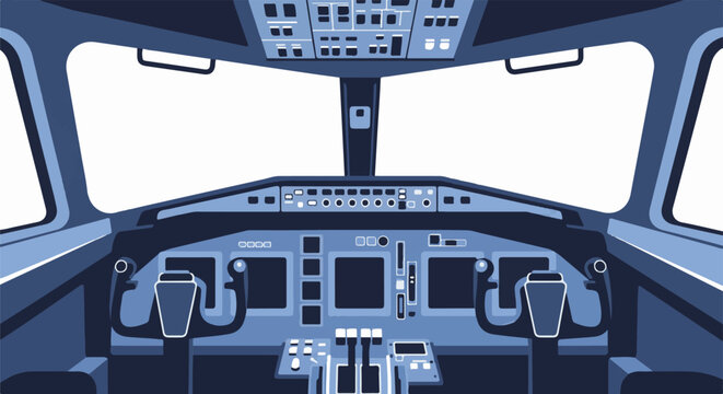 A stylized, two-dimensional view of a modern aircraft cockpit interior