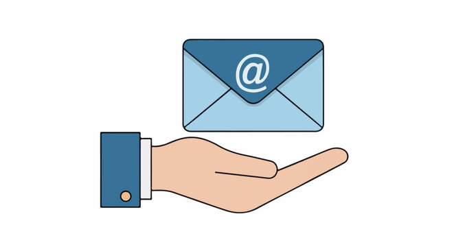 A hand offers an envelope with an at symbol on a white background