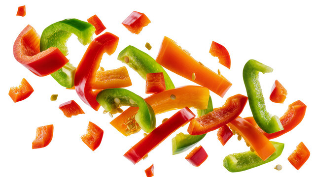Colorful bell pepper slices in motion, isolated on transparent background