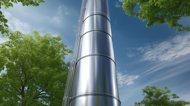 A majestic tall metallic tower rises against a backdrop of clear skies and lush greenery, symbolizing modern architecture harmonizing with nature.
