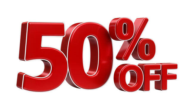 Shiny red 3D numbers 50 percent off, isolated on transparent background