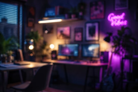 Defocused interior view of a modern gaming room featuring a desk with computer monitors, a neon sign, and creative decor. Ideal for tech or gaming backgrounds.